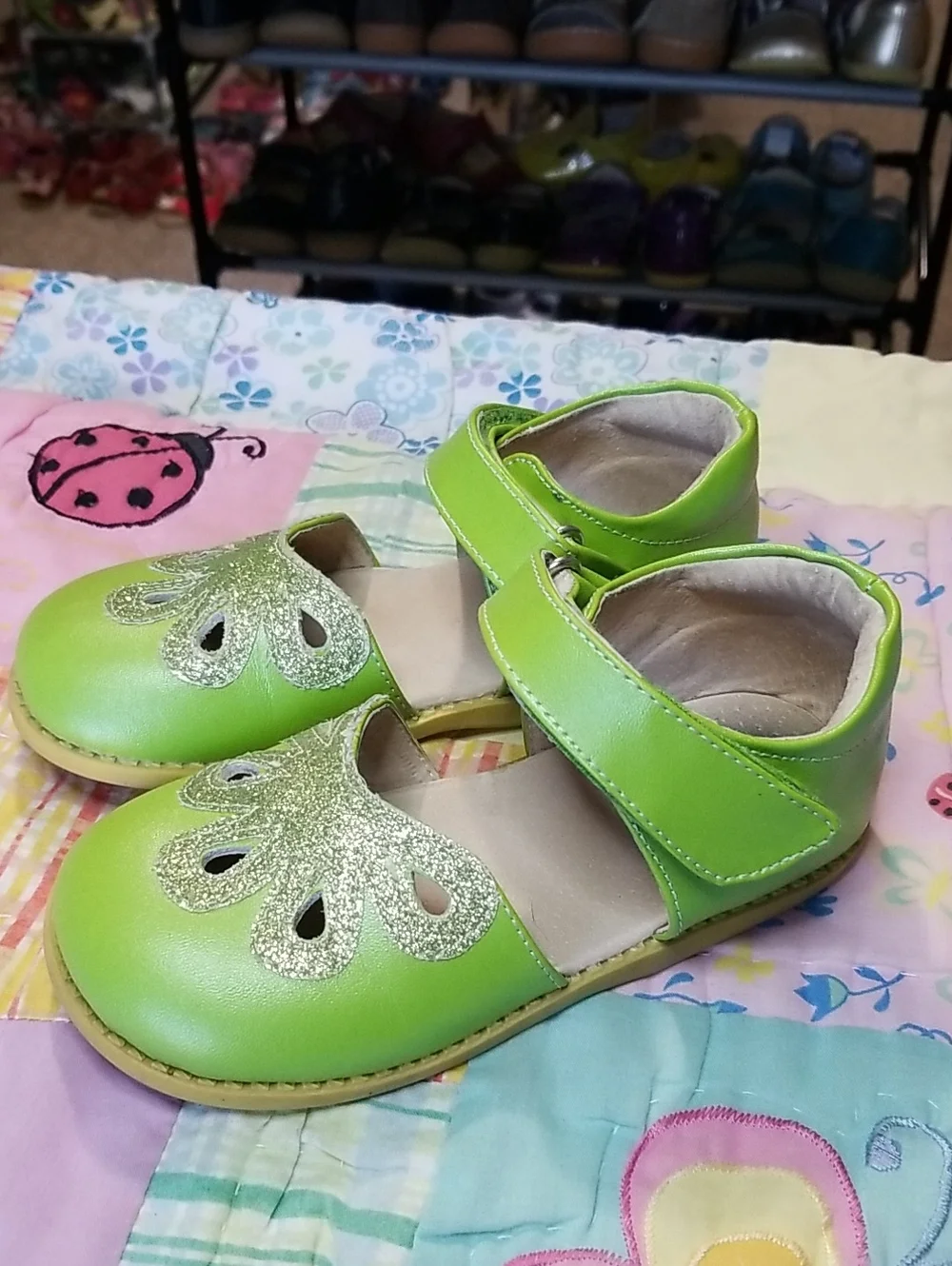 Livie & Luca Lime Green Leather Mary Jane Shoes with Glitter Size 12 Petals
